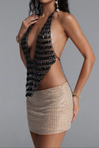 Black Crystal Chain Halter Deep V Crop Top poava