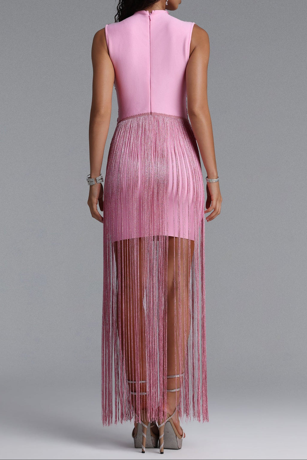 Metallic Twist High Neck Fringe Midi Dress poava
