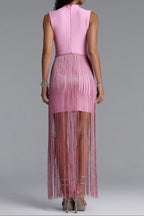 Metallic Twist High Neck Fringe Midi Dress poava