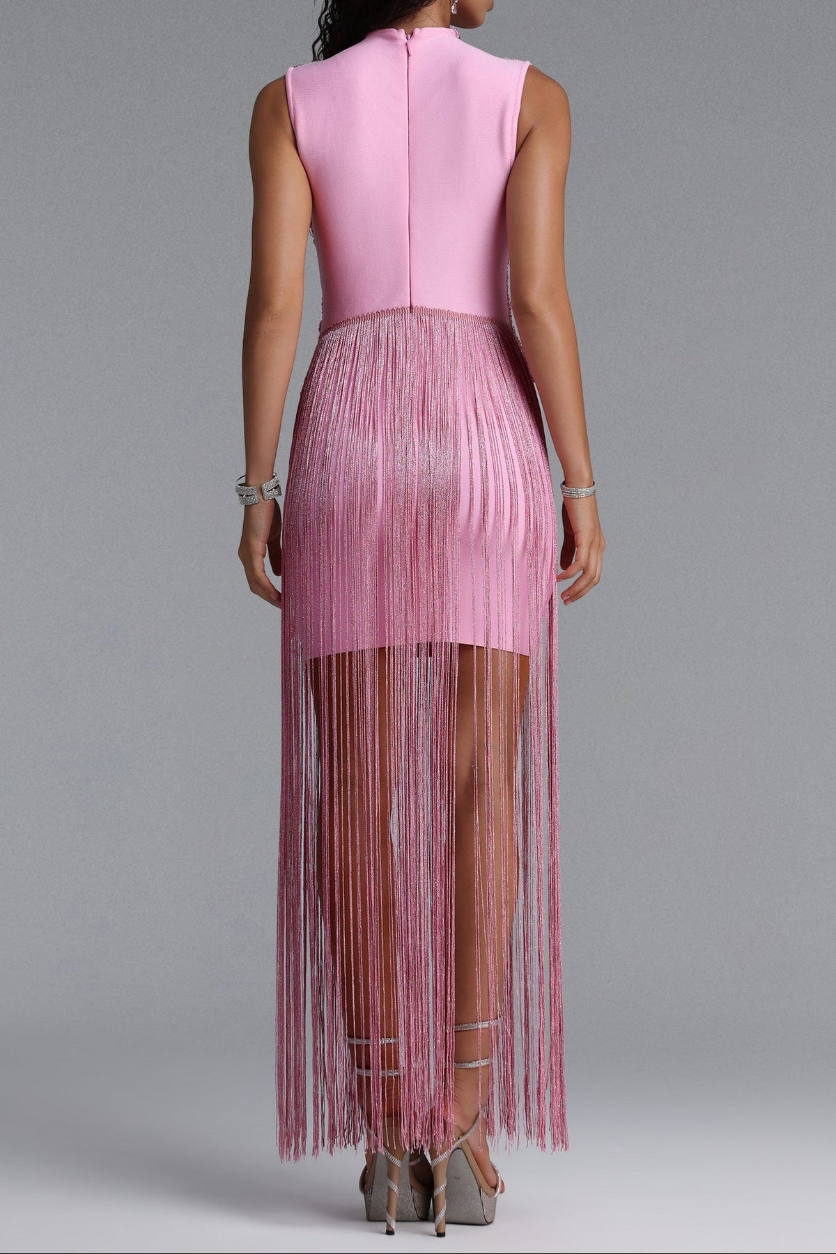 Metallic Twist High Neck Fringe Midi Dress poava