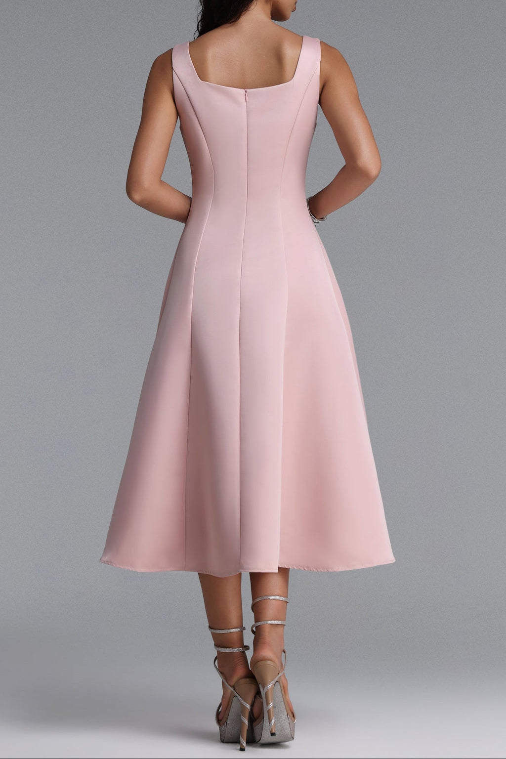Square Strap Front Bow Satin Midi Swing Dress poava