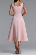 Square Strap Front Bow Satin Midi Swing Dress poava