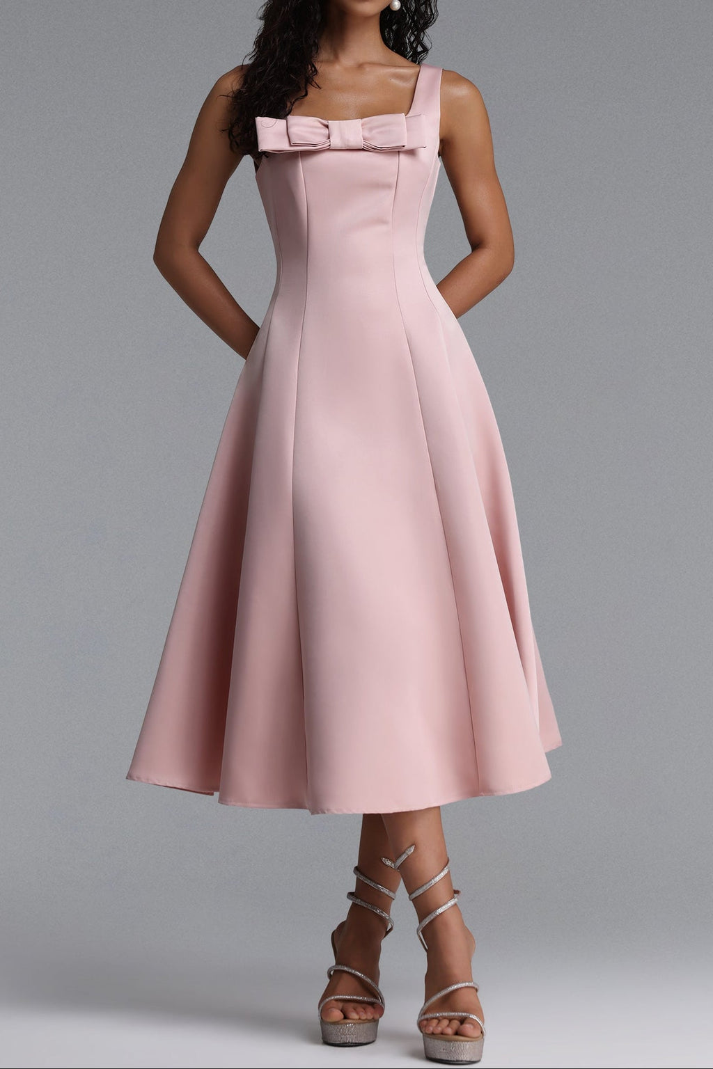 Square Strap Front Bow Satin Midi Swing Dress poava