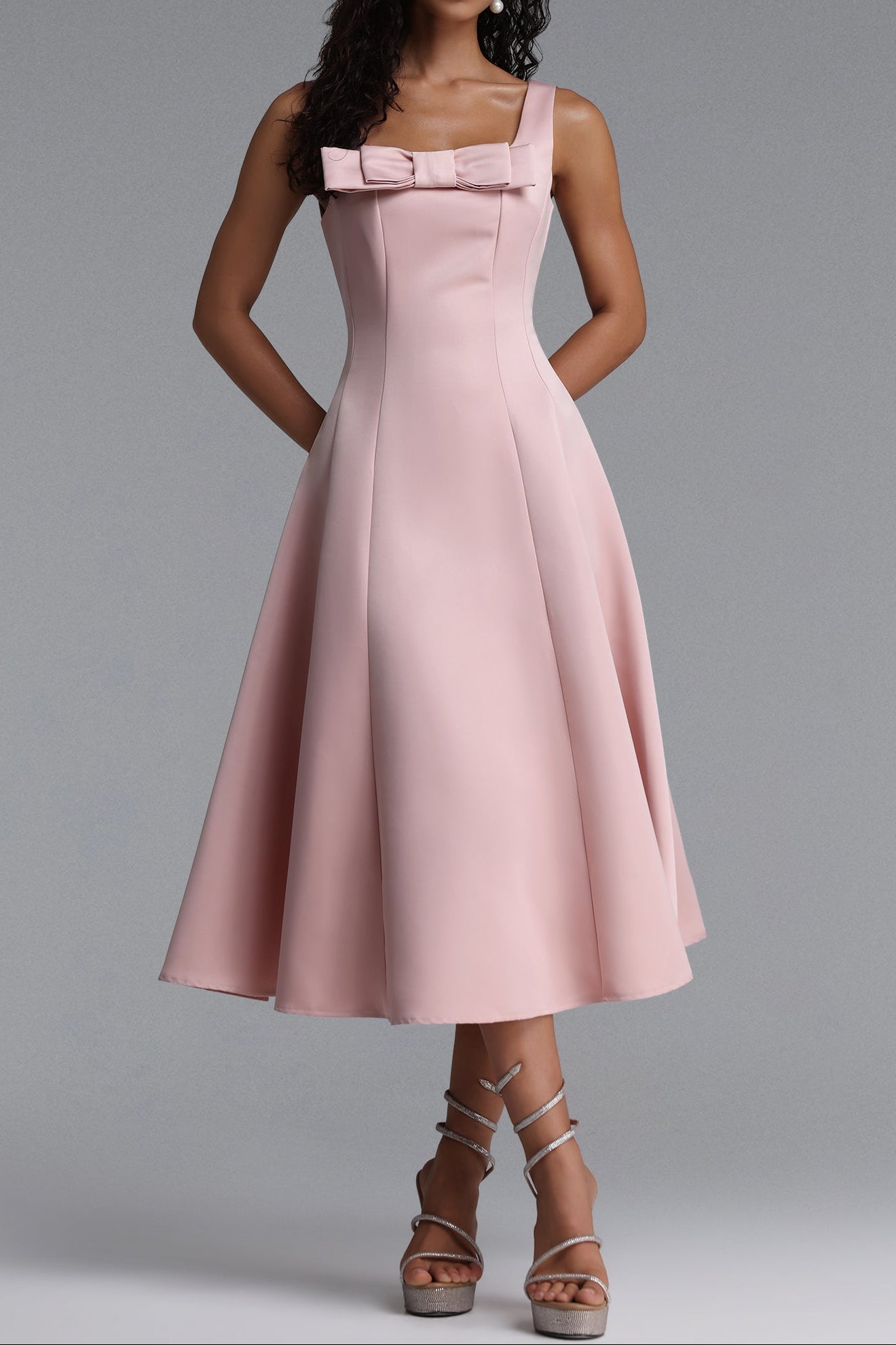 Square Strap Front Bow Satin Midi Swing Dress poava
