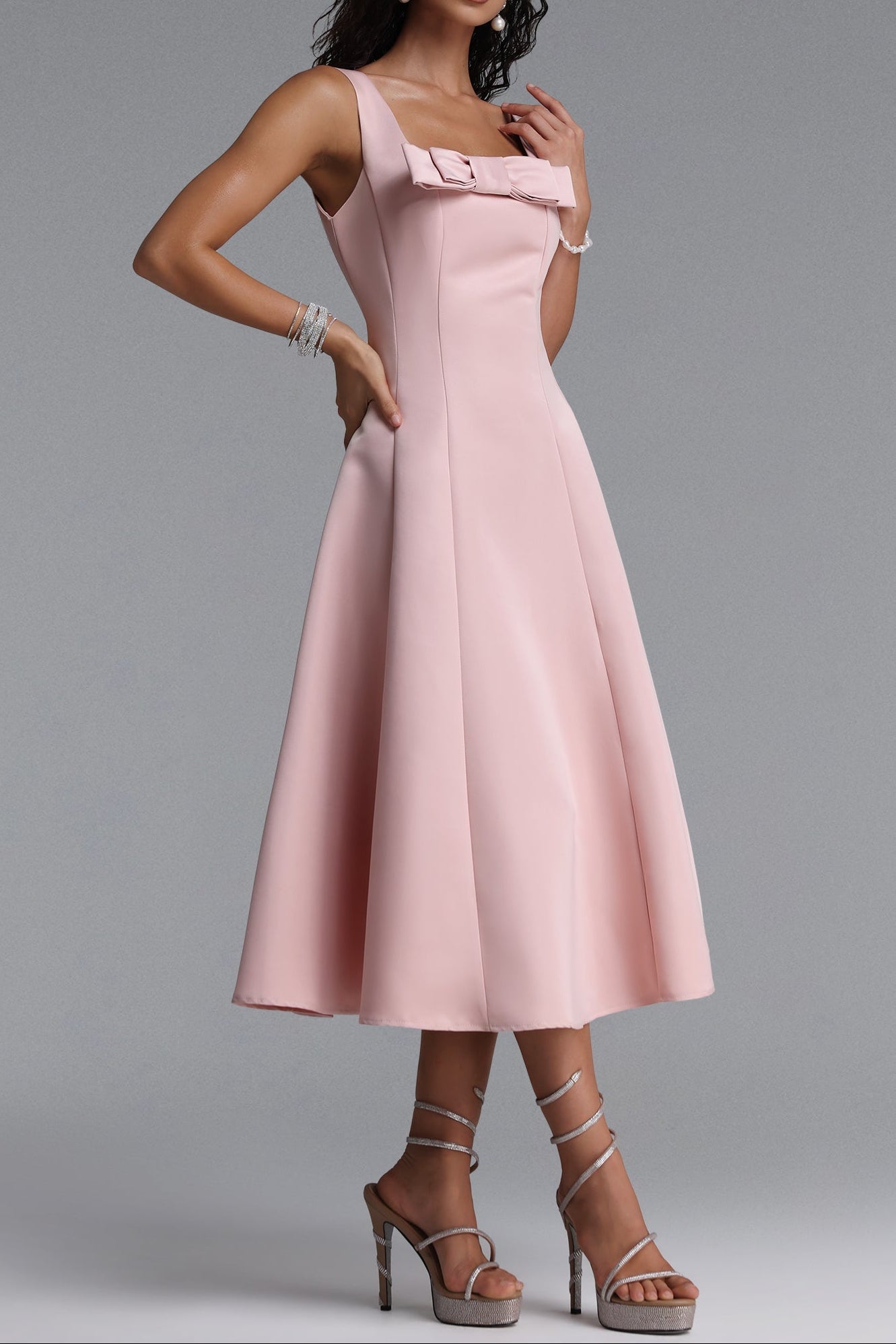 Square Strap Front Bow Satin Midi Swing Dress poava