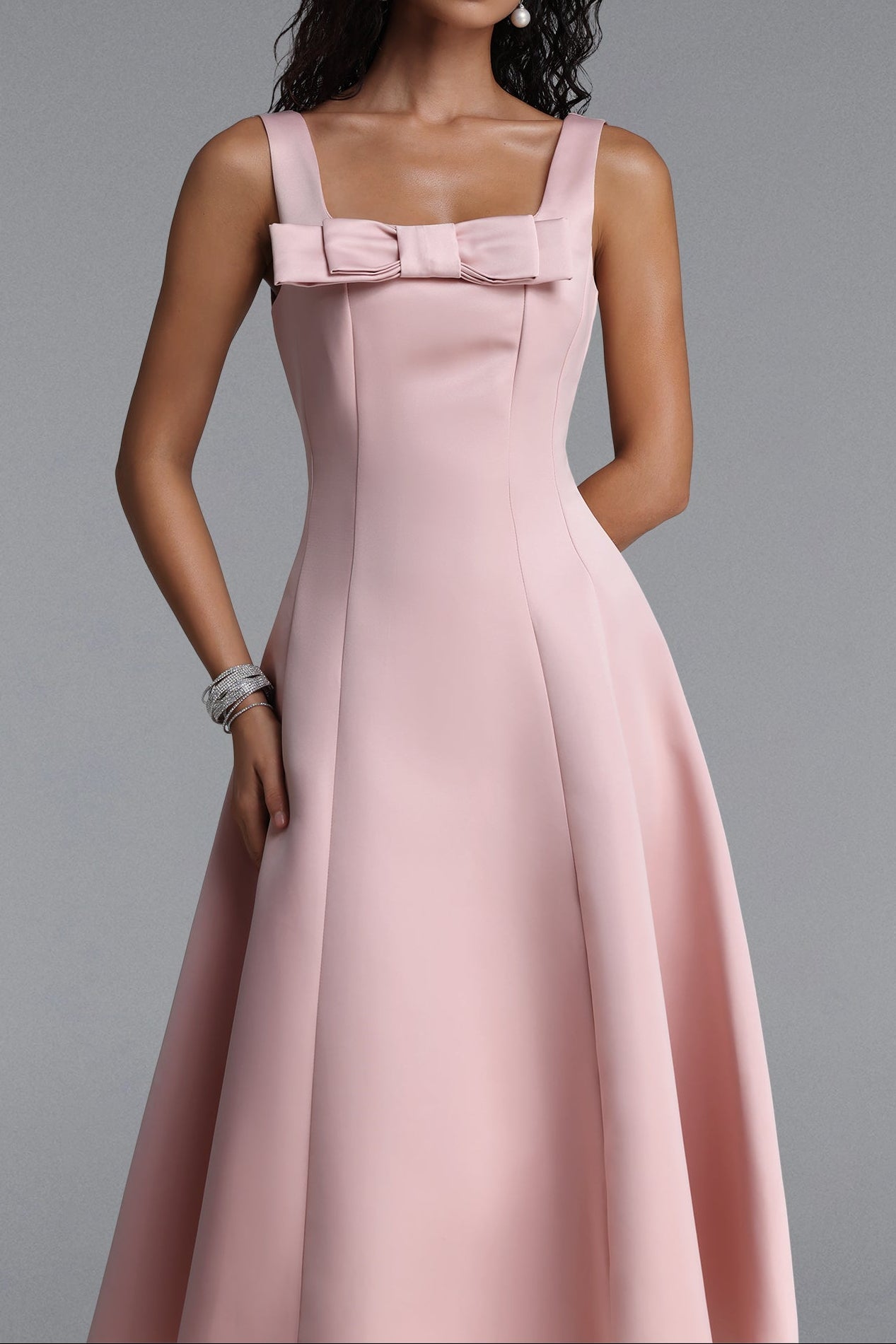 Square Strap Front Bow Satin Midi Swing Dress poava
