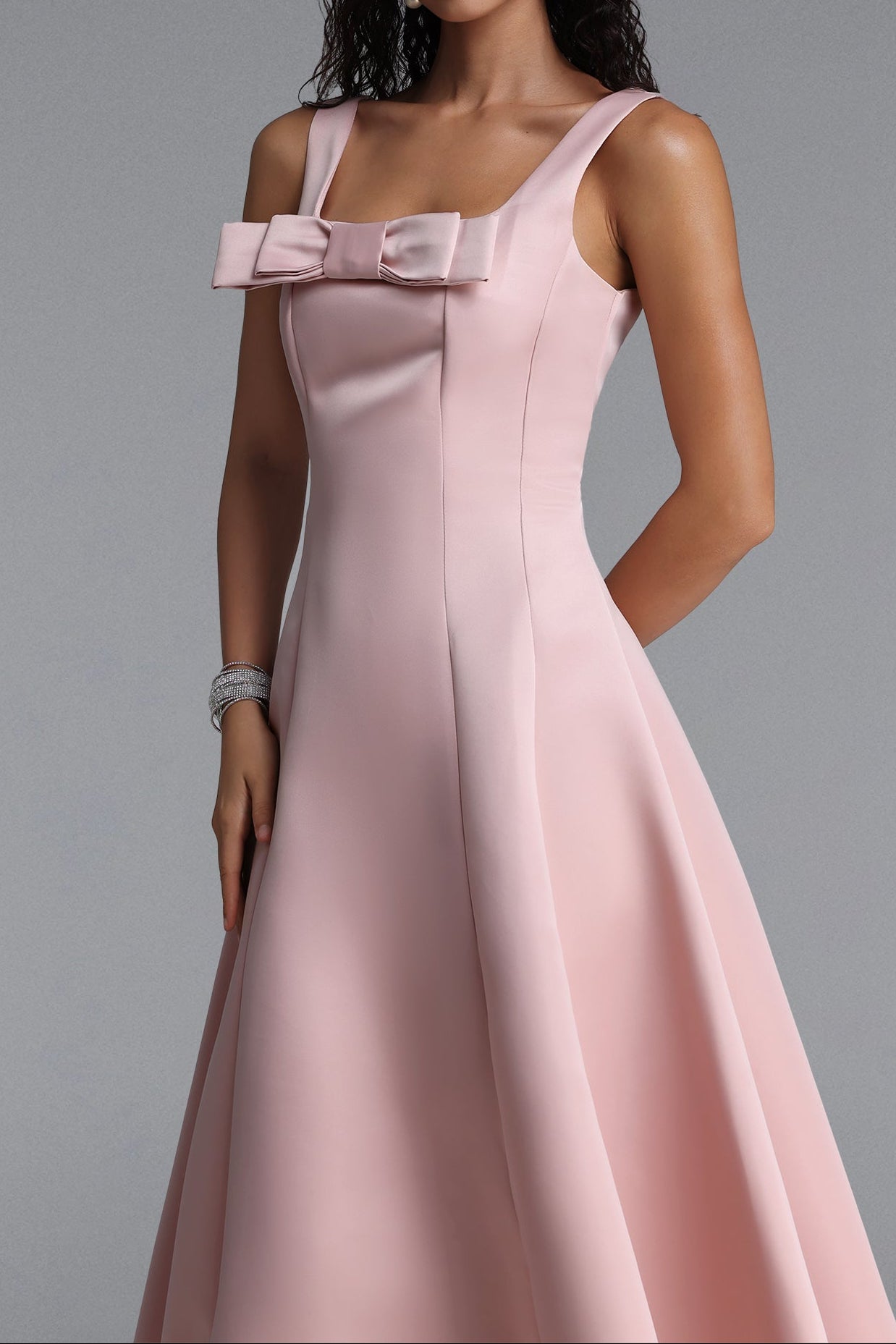 Square Strap Front Bow Satin Midi Swing Dress poava