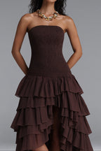 Strapless Smocked Tiered High Low Midi Dress poava