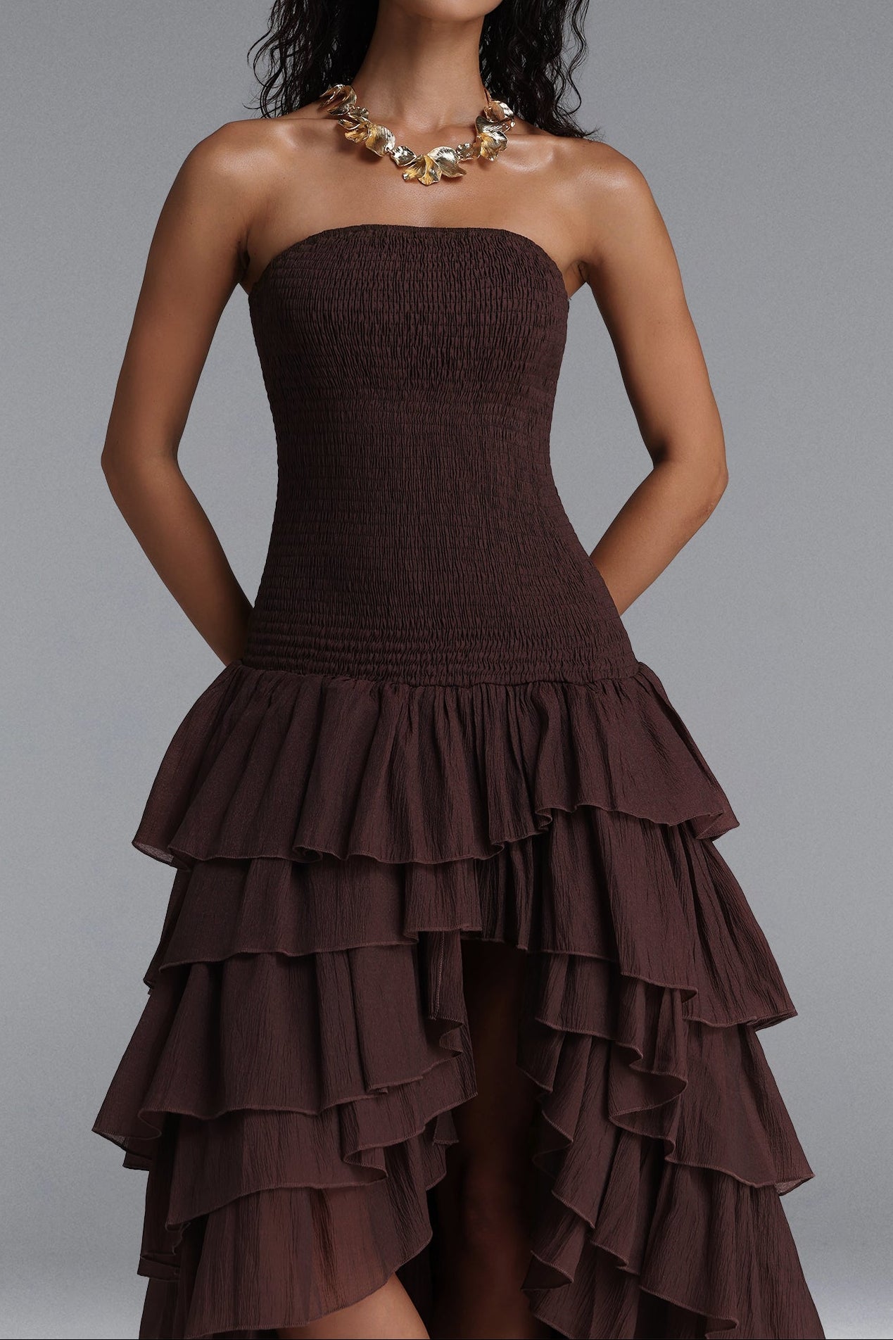 Strapless Smocked Tiered High Low Midi Dress poava