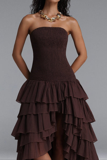 Strapless Smocked Tiered High Low Midi Dress poava