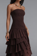 Strapless Smocked Tiered High Low Midi Dress poava