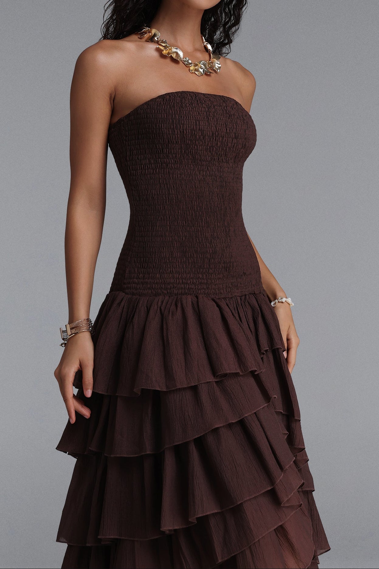 Strapless Smocked Tiered High Low Midi Dress poava