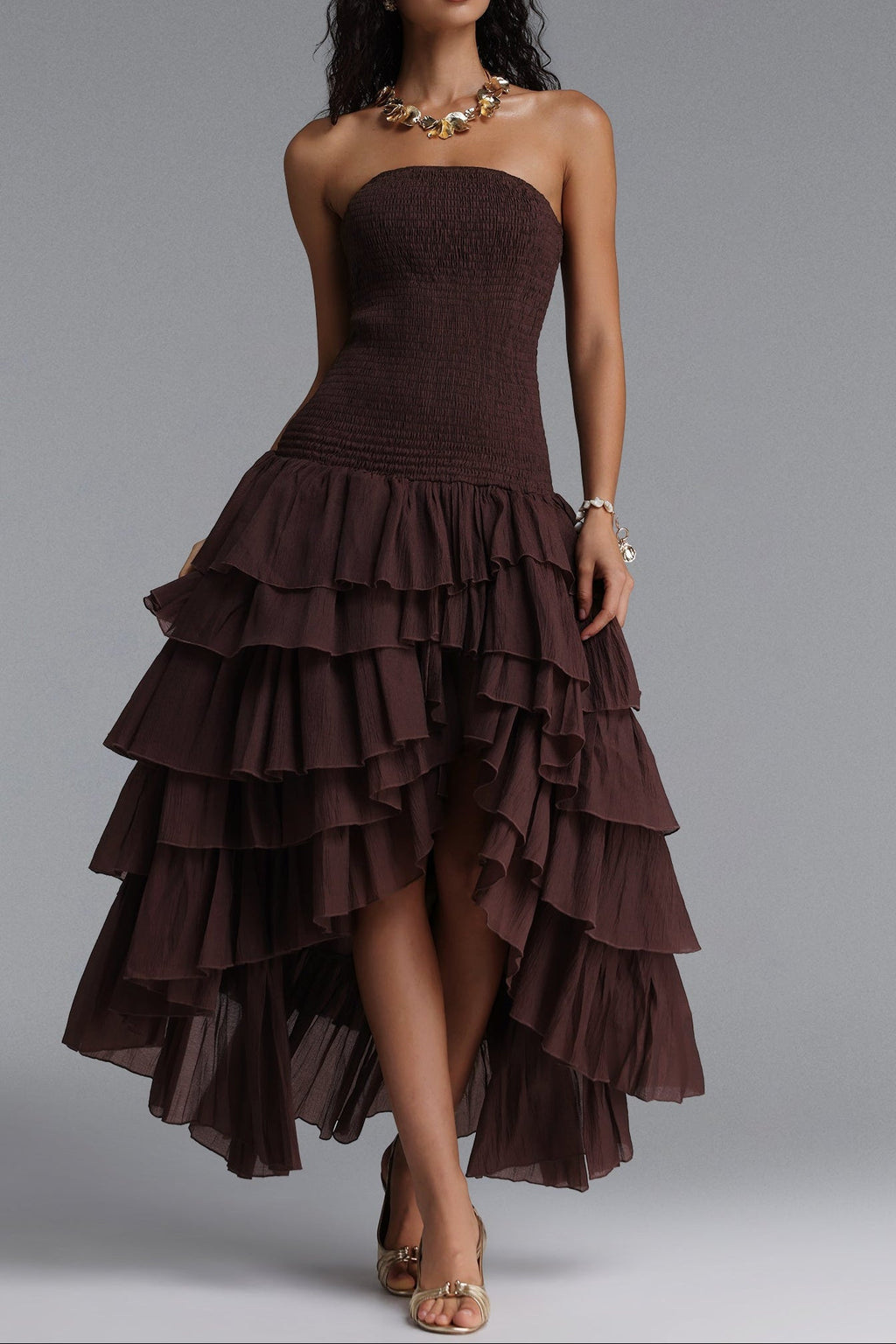 Strapless Smocked Tiered High Low Midi Dress poava