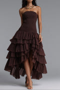 Strapless Smocked Tiered High Low Midi Dress poava
