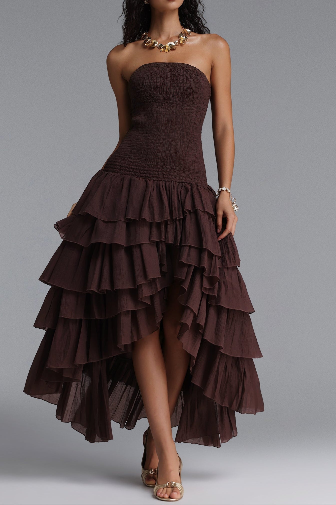 Strapless Smocked Tiered High Low Midi Dress poava