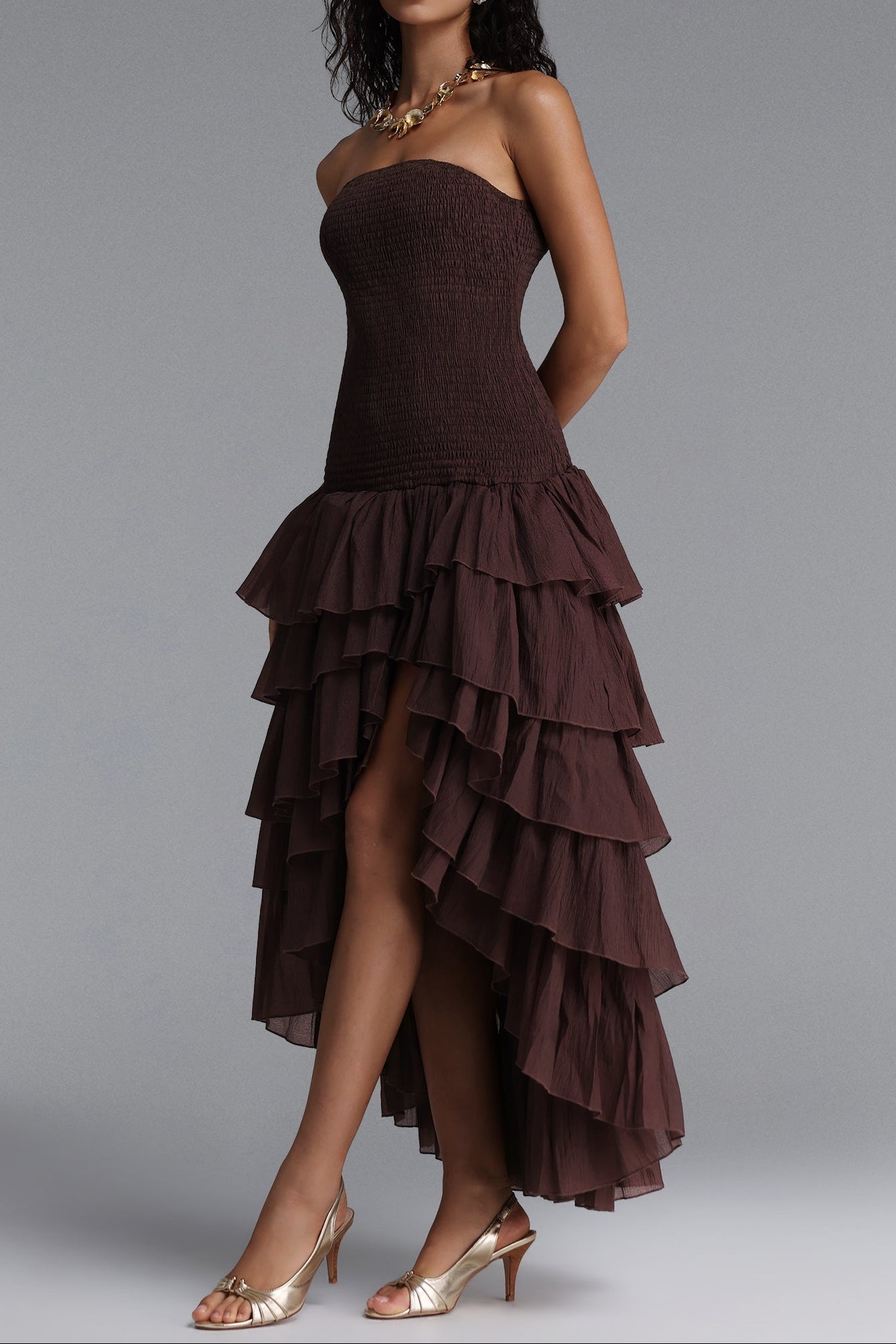 Strapless Smocked Tiered High Low Midi Dress poava