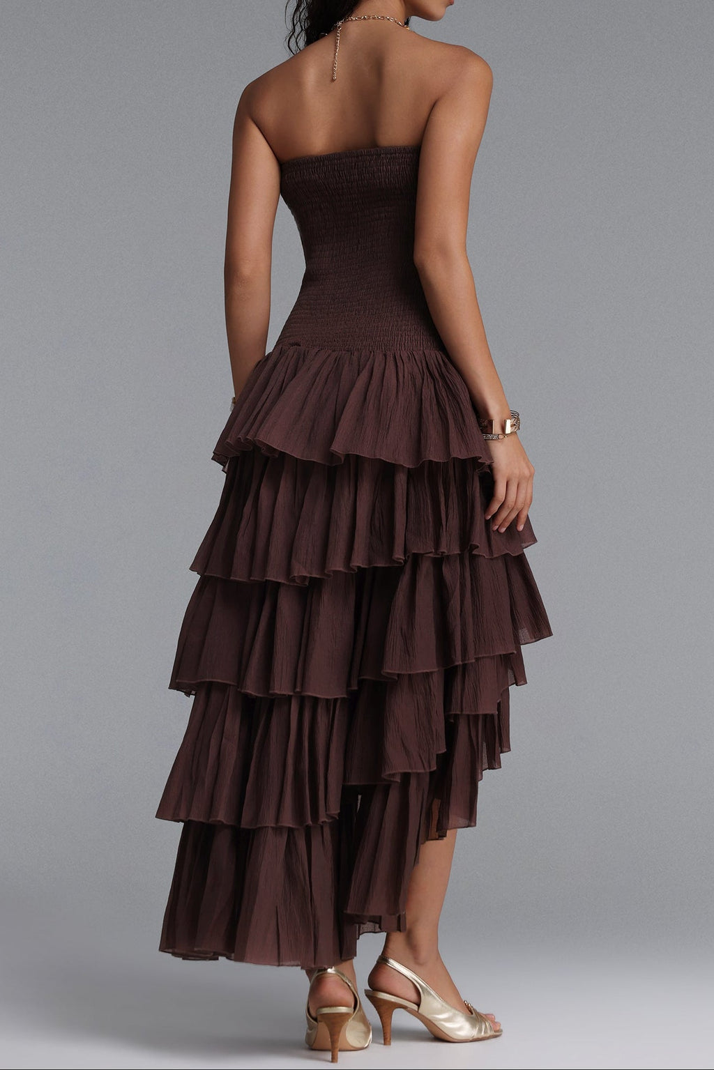 Strapless Smocked Tiered High Low Midi Dress poava