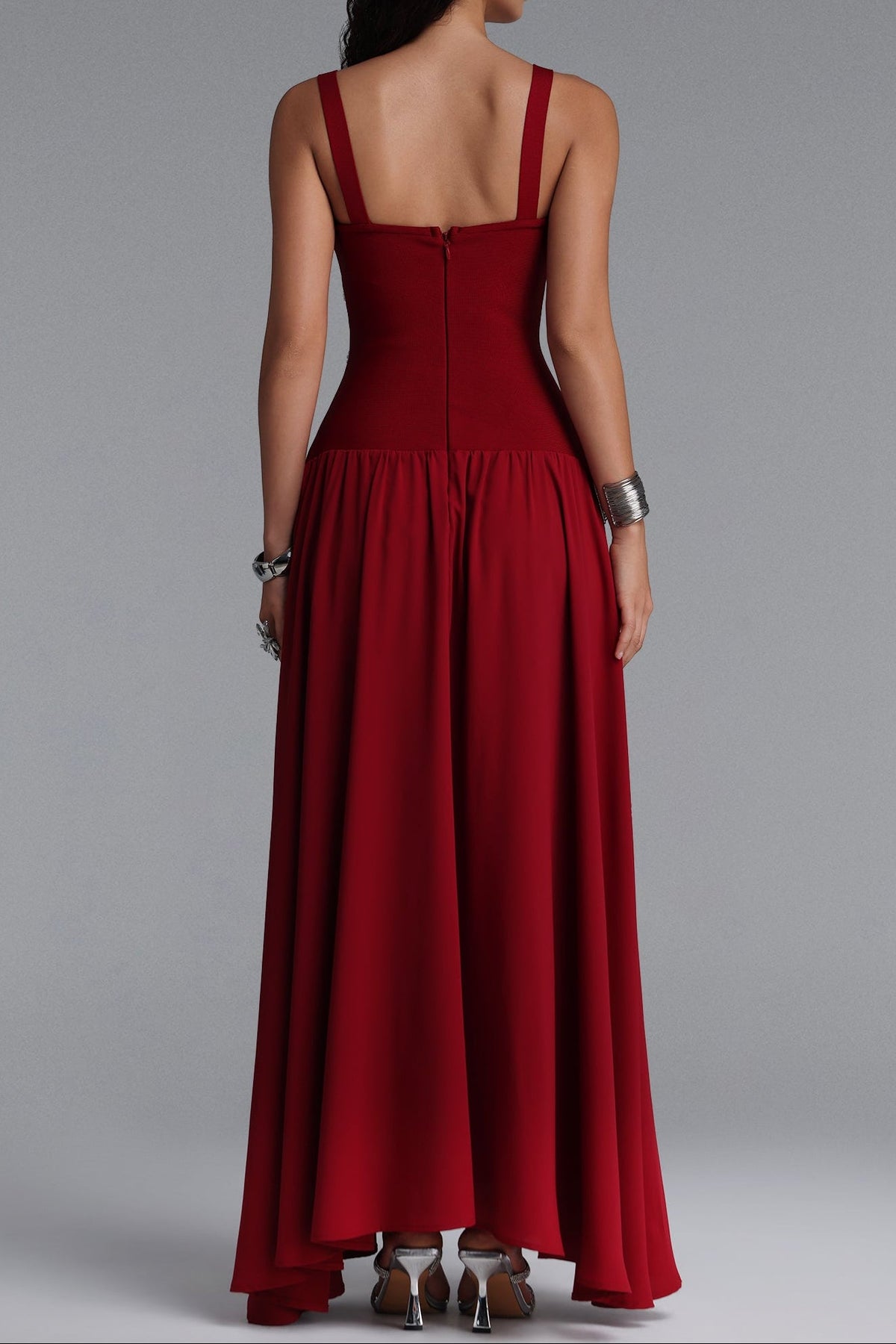 Square Strap Grid Rhinestone Pearl Flowy Maxi Dress poava