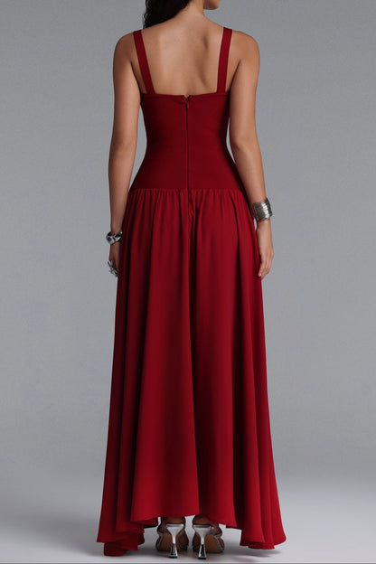 Square Strap Grid Rhinestone Pearl Flowy Maxi Dress poava