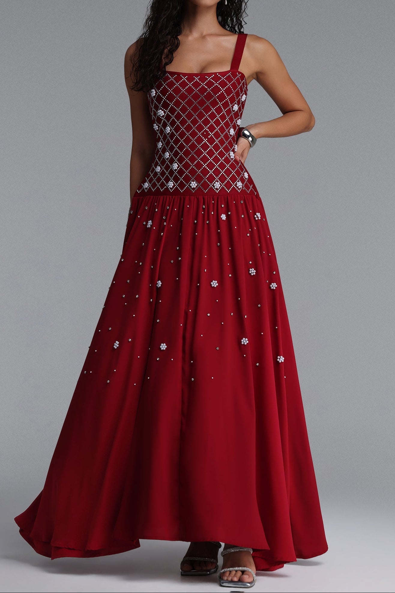 Square Strap Grid Rhinestone Pearl Flowy Maxi Dress poava