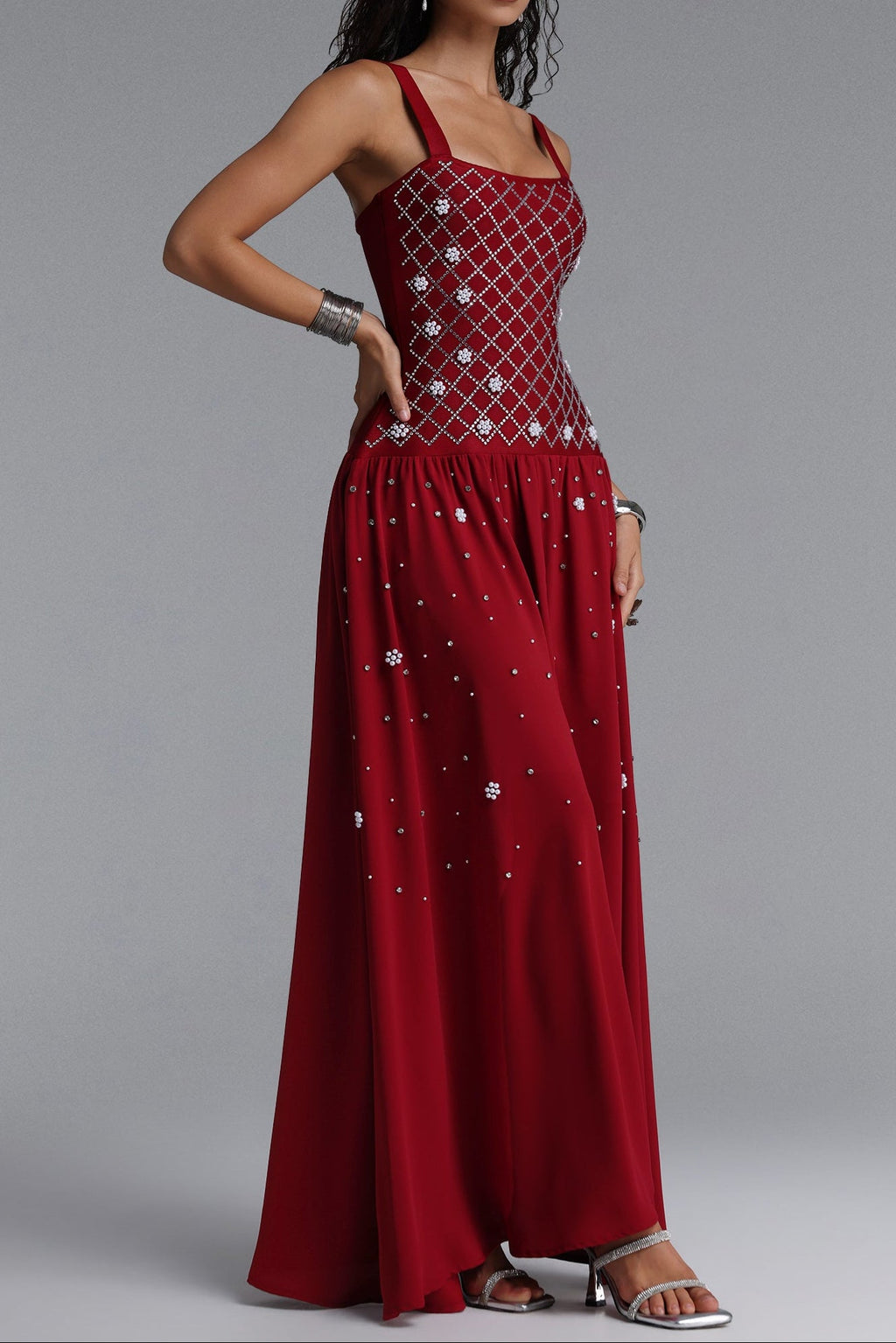 Square Strap Grid Rhinestone Pearl Flowy Maxi Dress poava