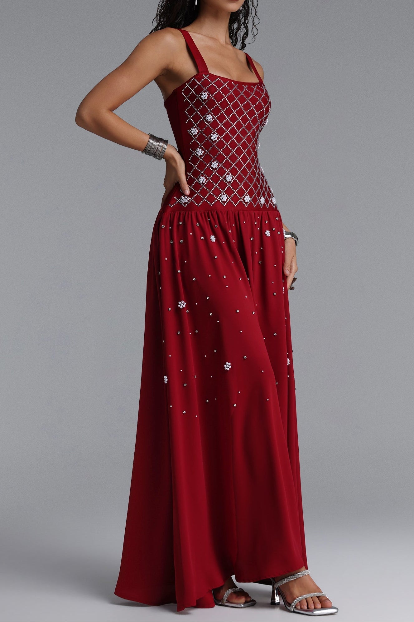 Square Strap Grid Rhinestone Pearl Flowy Maxi Dress poava