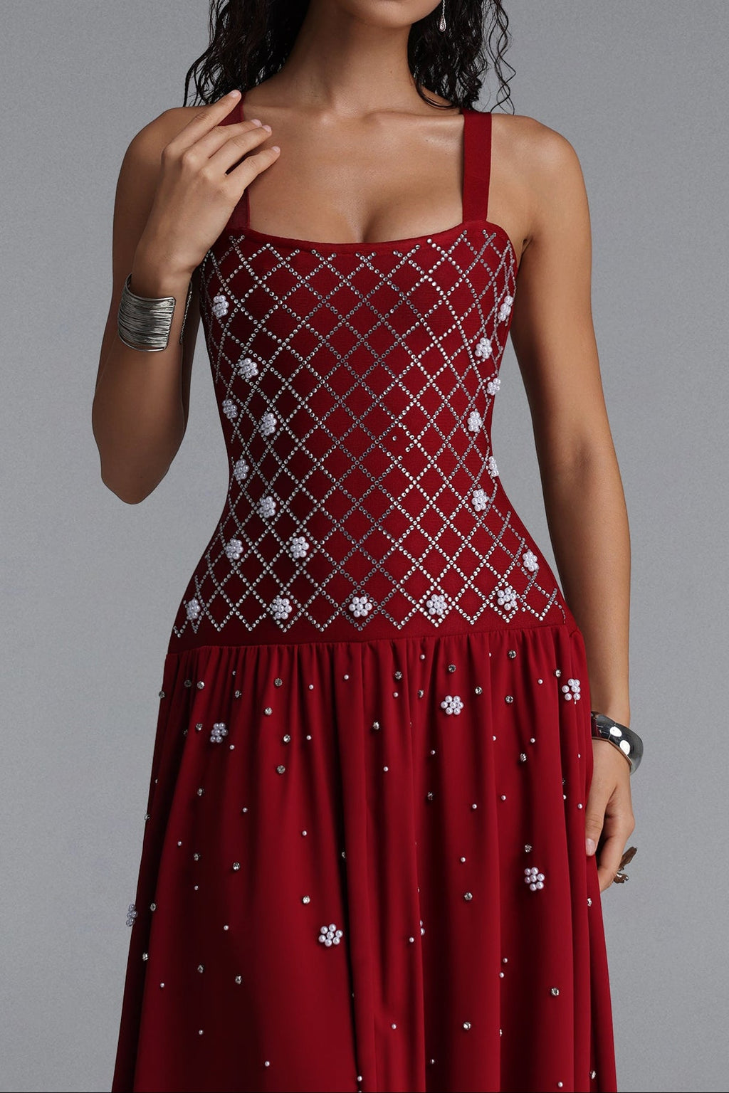 Square Strap Grid Rhinestone Pearl Flowy Maxi Dress poava
