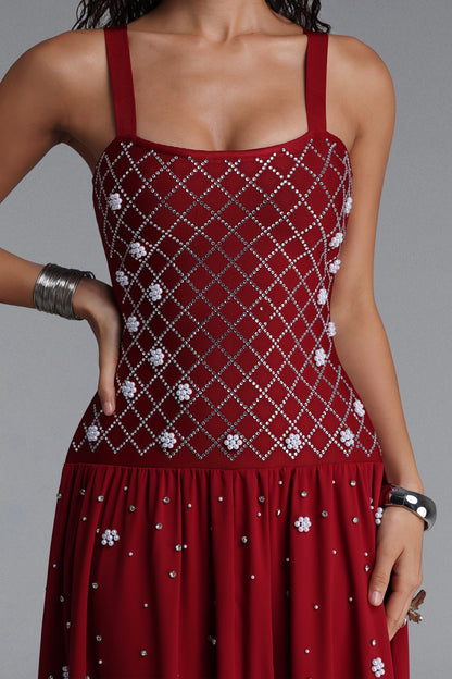 Square Strap Grid Rhinestone Pearl Flowy Maxi Dress poava