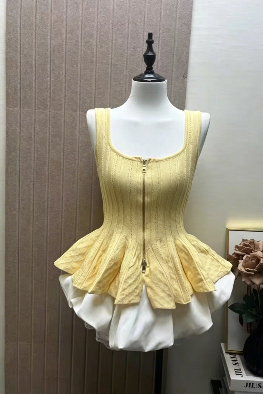 Yellow Square Neck Ribbed Peplum Tank Top & White Bubble Mini Skirt Set Avalabel