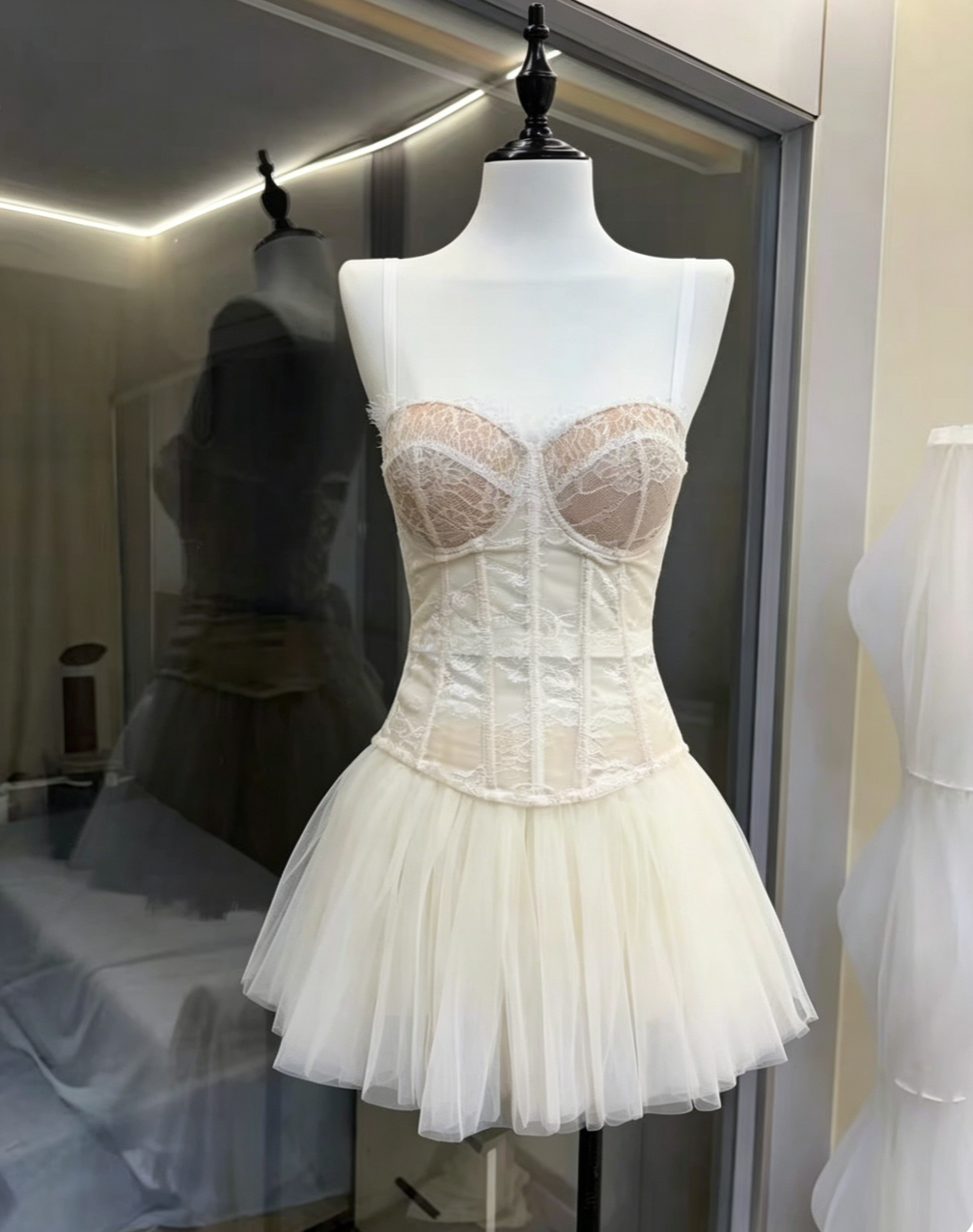 White Wide Strap Floral Lace Corset Top & Voluminous Tulle Mini Skirt Set Avalabel