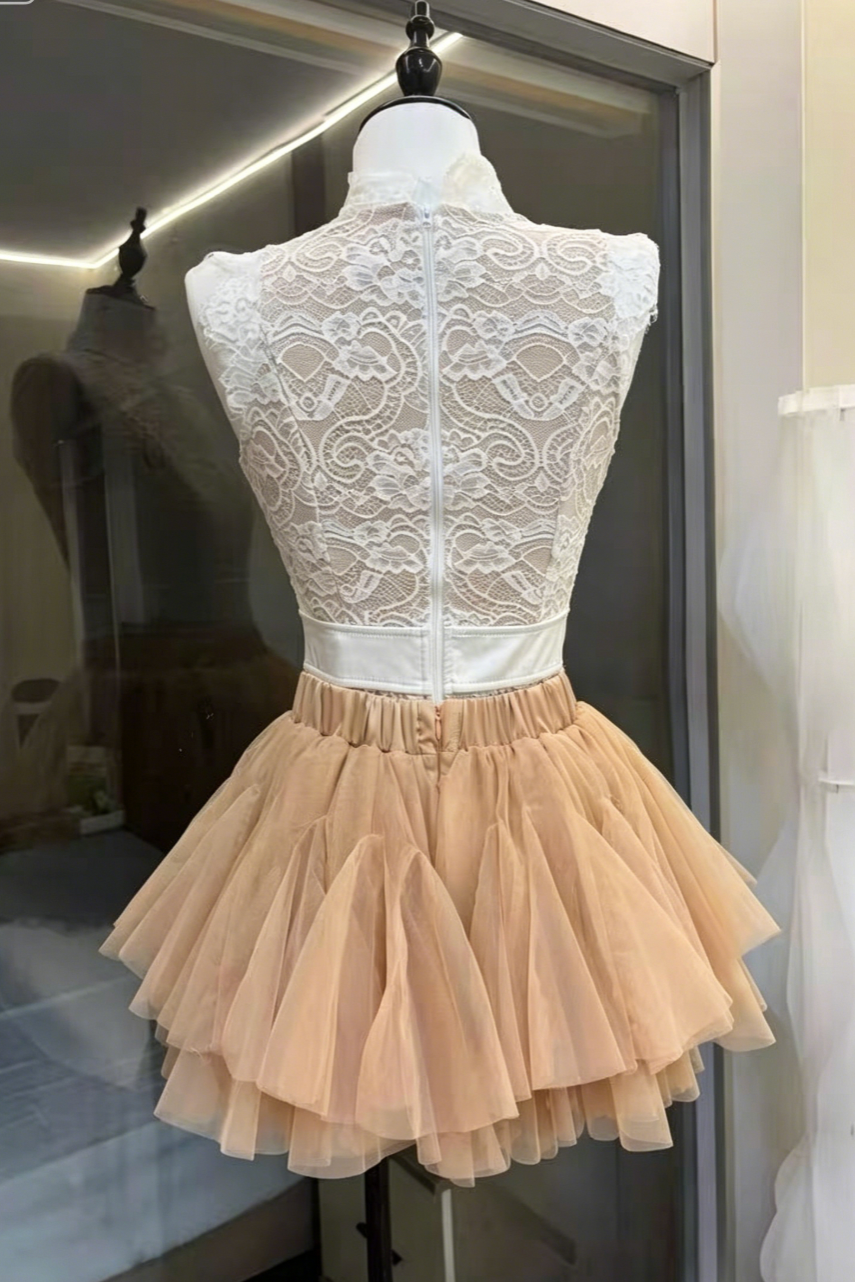 High Neck Lace Top & Puffy Tulle Skirt Two-Piece Set Avalabel