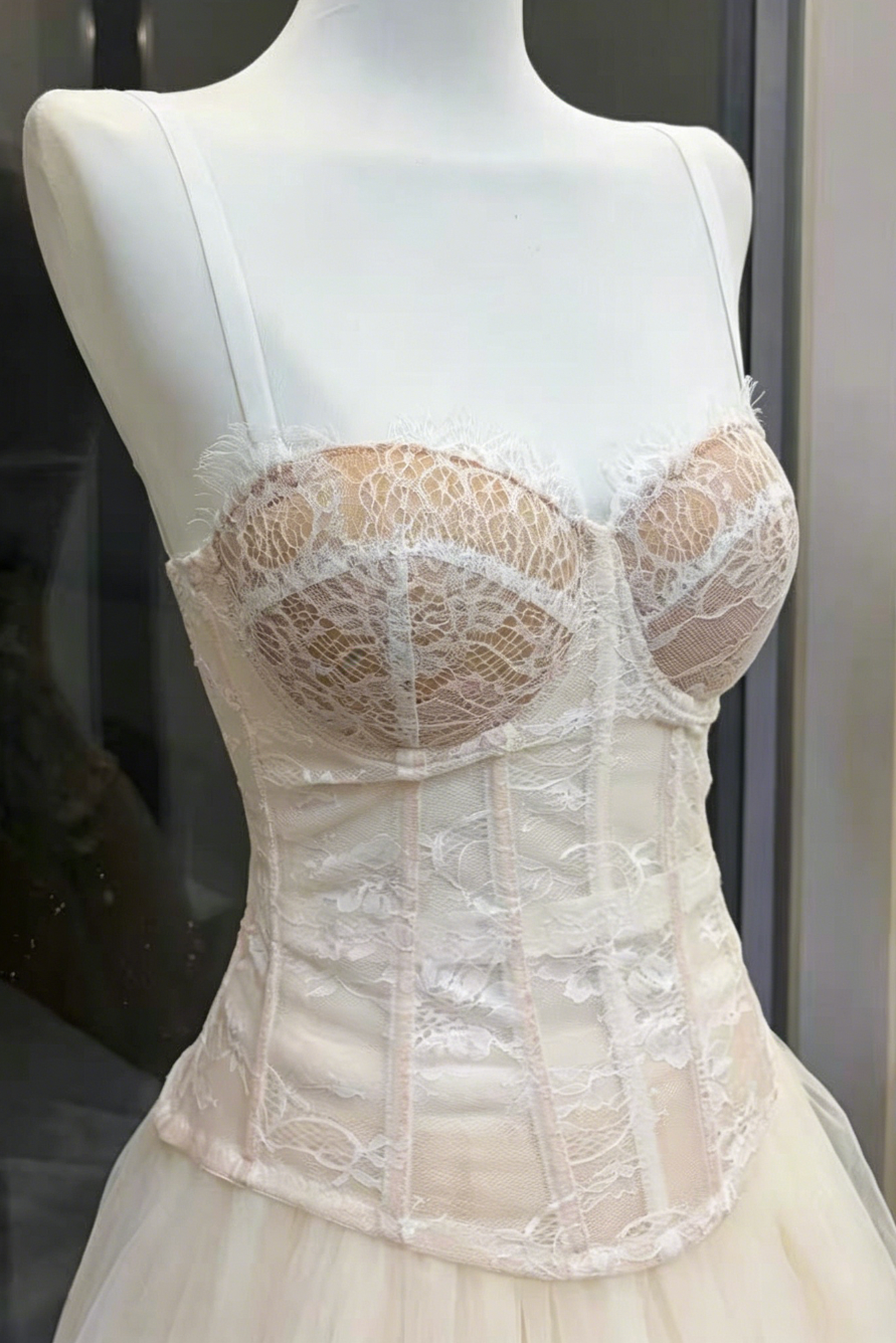 White Wide Strap Floral Lace Corset Top & Voluminous Tulle Mini Skirt Set Avalabel