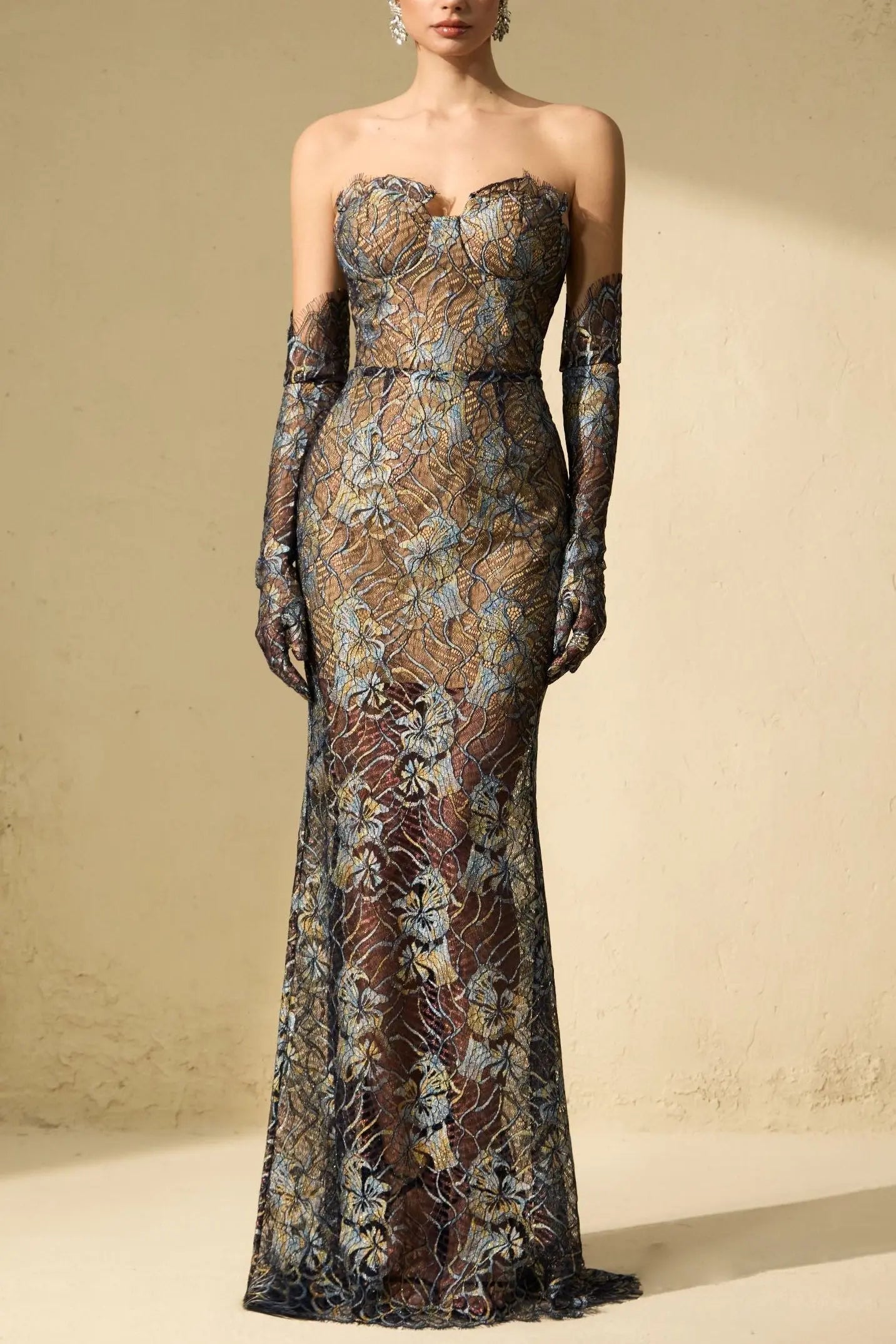 Shnovia Blue Strapless Embroidered Lace Maxi Dress with Gloves Avalabel