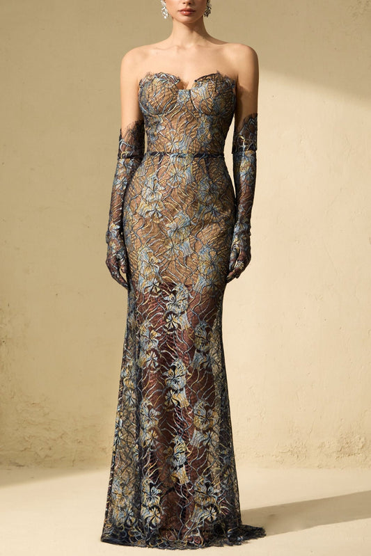 Shnovia Blue Strapless Embroidered Lace Maxi Dress with Gloves