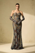 Shnovia Blue Strapless Embroidered Lace Maxi Dress with Gloves Avalabel