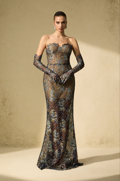 Shnovia Blue Strapless Embroidered Lace Maxi Dress with Gloves