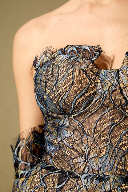 Shnovia Blue Strapless Embroidered Lace Maxi Dress with Gloves