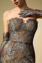 Shnovia Blue Strapless Embroidered Lace Maxi Dress with Gloves Avalabel
