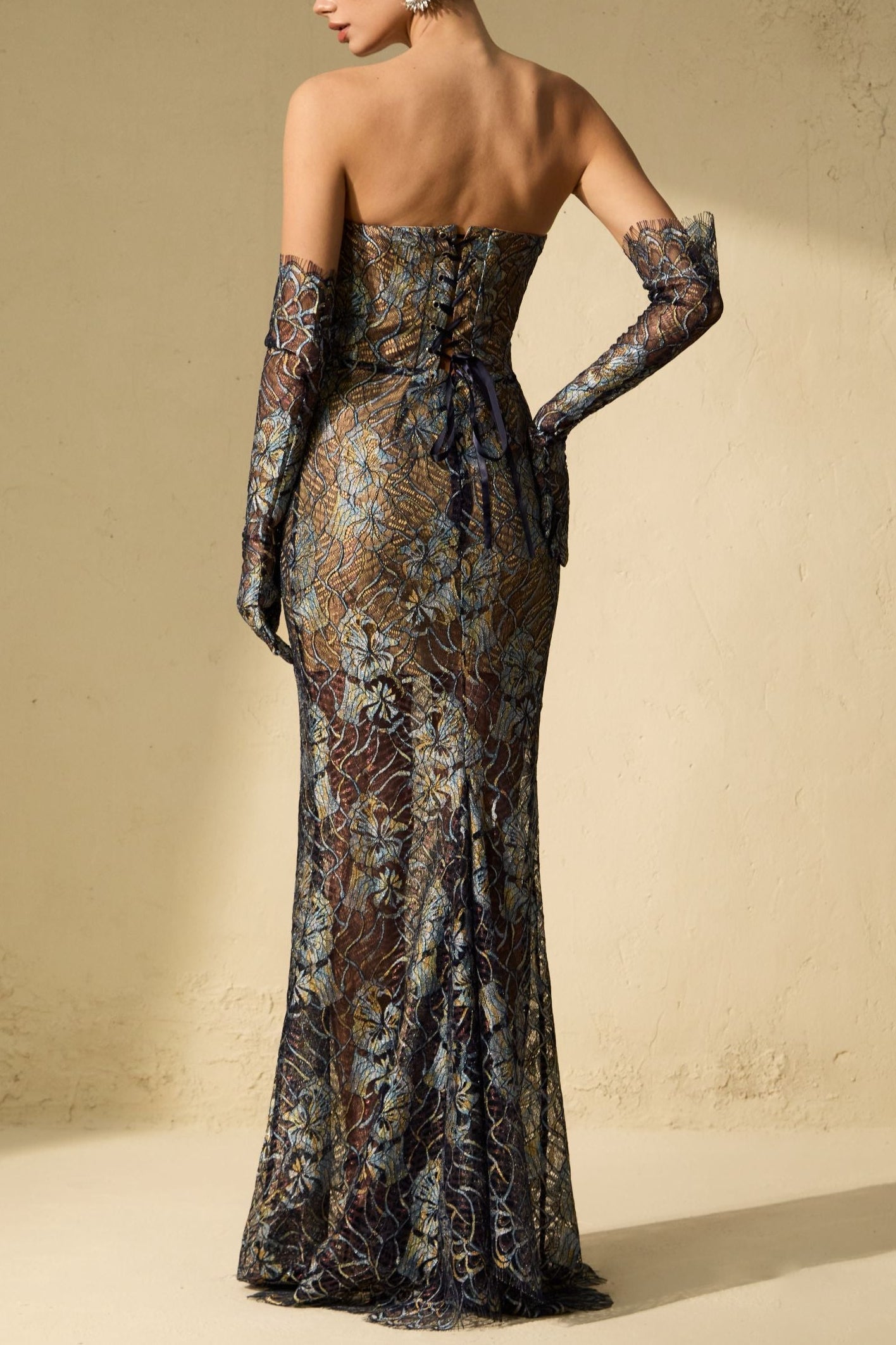 Shnovia Blue Strapless Embroidered Lace Maxi Dress with Gloves