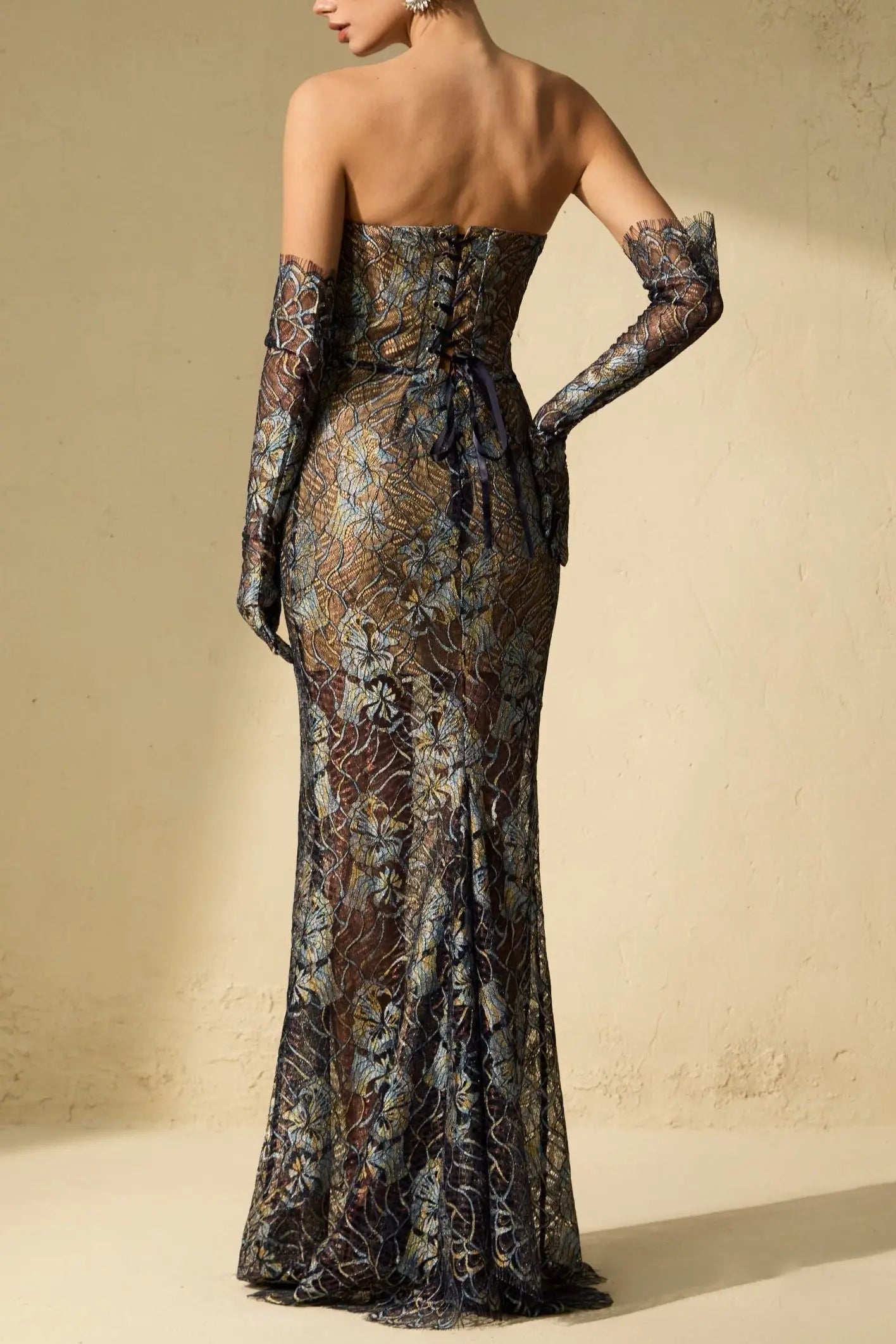 Shnovia Blue Strapless Embroidered Lace Maxi Dress with Gloves Avalabel
