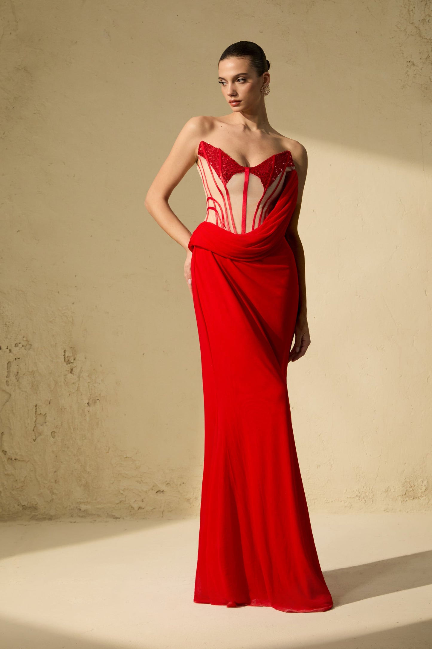 Molly Red Corset Bodice Draped Maxi Dress