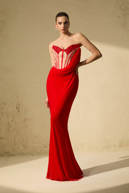 Molly Red Corset Bodice Draped Maxi Dress
