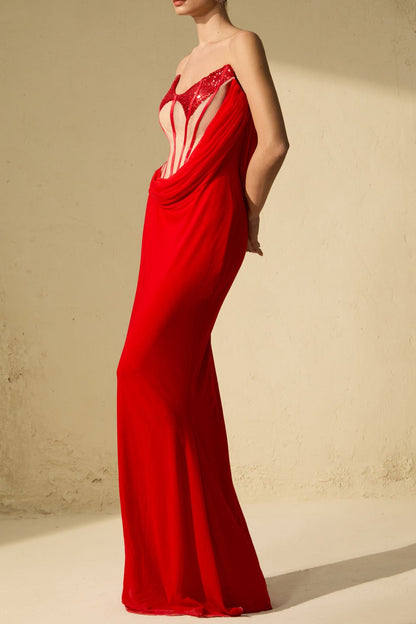 Molly Red Corset Bodice Draped Maxi Dress
