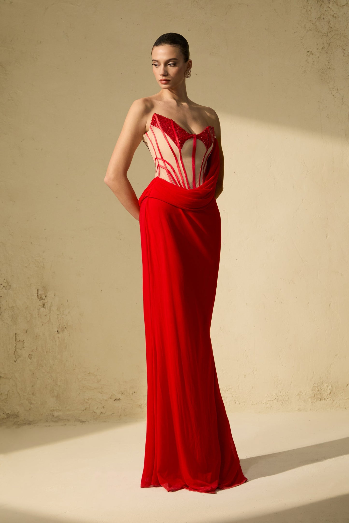 Molly Red Corset Bodice Draped Maxi Dress