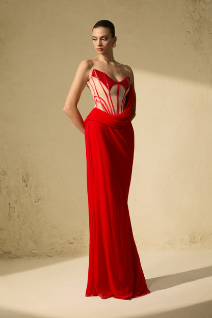 Molly Red Corset Bodice Draped Maxi Dress