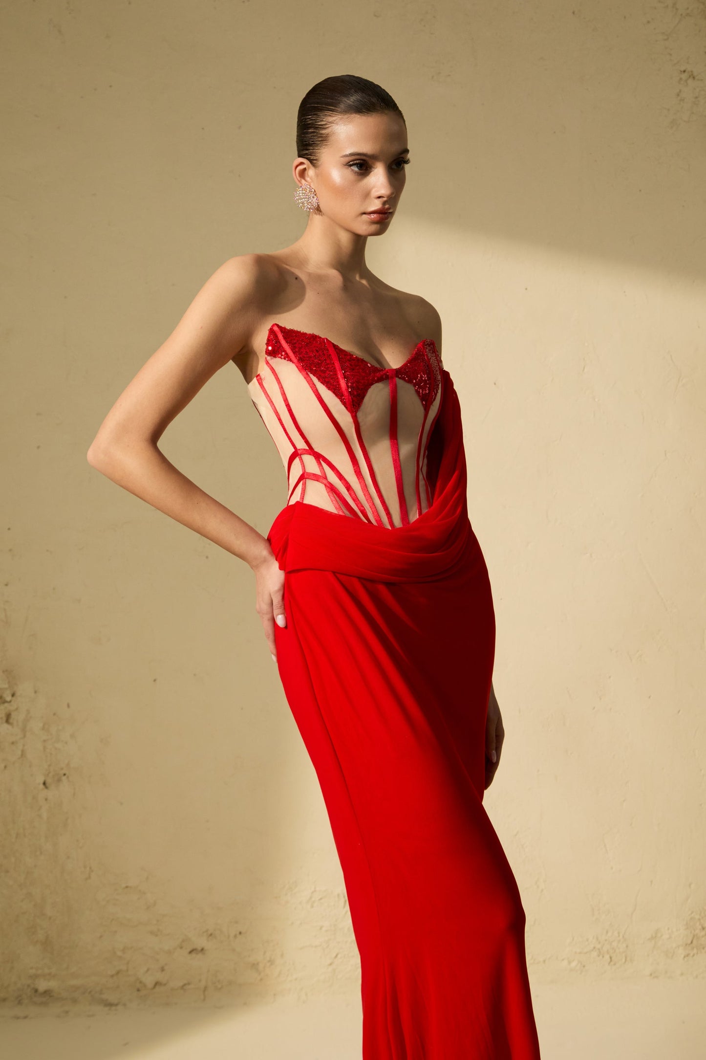 Molly Red Corset Bodice Draped Maxi Dress