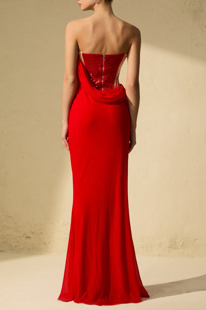 Molly Red Corset Bodice Draped Maxi Dress