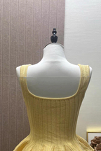 Yellow Square Neck Ribbed Peplum Tank Top & White Bubble Mini Skirt Set Avalabel