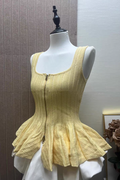 Yellow Square Neck Ribbed Peplum Tank Top & White Bubble Mini Skirt Set Avalabel