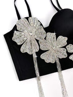 Spaghetti Strap 3D Rhinestone Flower Tassel Fringe Corset Bustier Top sis label